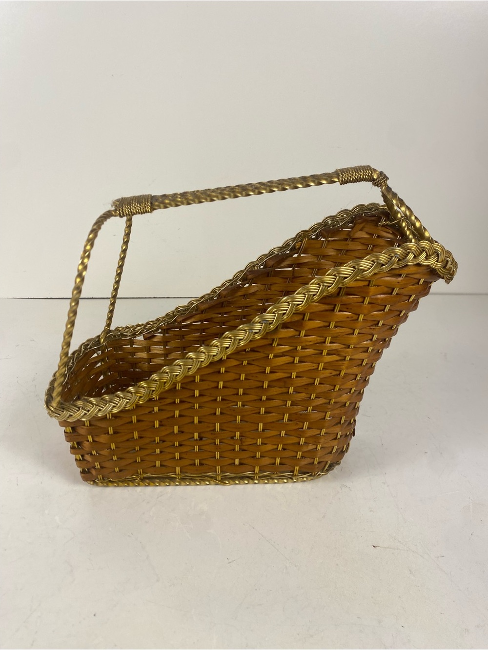 French Style Wine Bottle Basket, Gold Tone Woven Metal Holder, MCM Barware